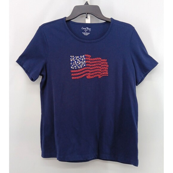 Coral Bay Shirt Women Size PL Blue Beaded USA Flag Patriotic Short Sleeve Top - Picture 1 of 7